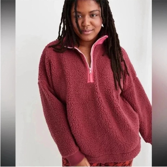 Aerie Dream Sherpa Quarter Zip Sweatshirt, Cherry Pink/Hot Pink - Picture 1 of 11